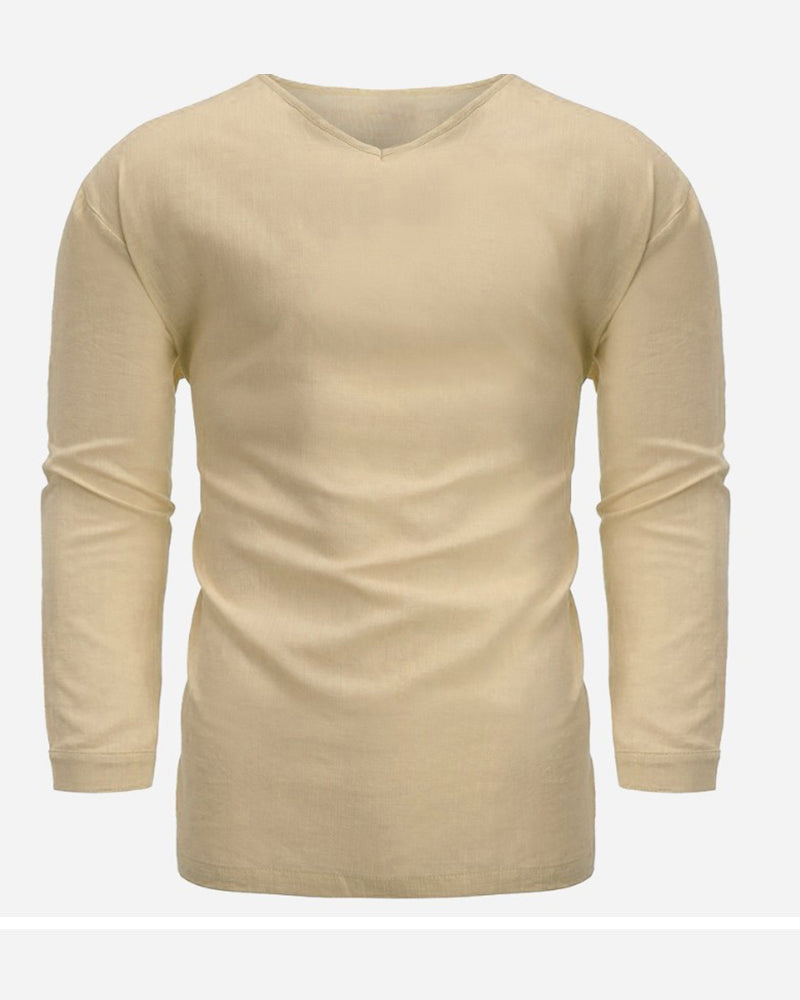 M-4XL Men's Long Sleeve V-Neck Cotton Linen Loose Shirt