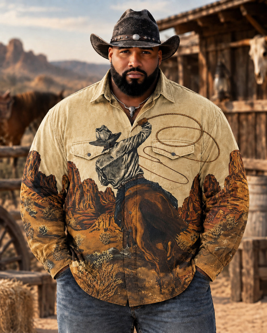 Big & Tall Men's Vintage Cowboy Swinging A Lasso Print Long Sleeve Shirt