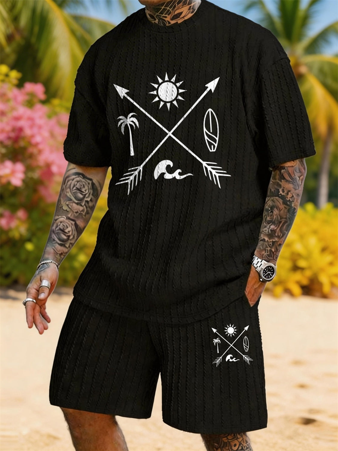 Surf Arrows Sun Print Texture Plus Size Vacation Suit