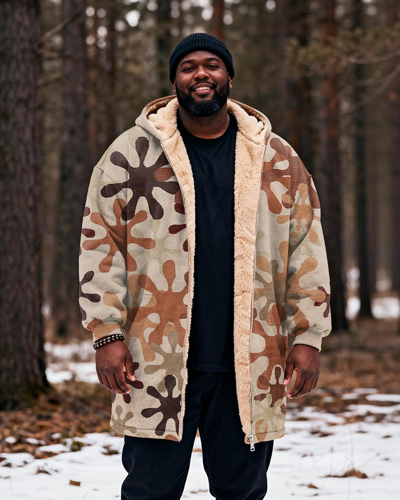 Big & Tall Men's Hunting Style Khaki Geometric Print Velvet Thickened Long Hooded Exterior