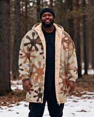 Big & Tall Men's Hunting Style Khaki Geometric Print Velvet Thickened Long Hooded Exterior