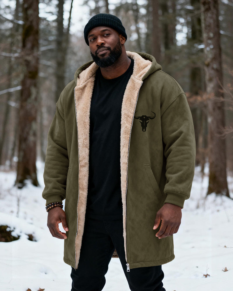 Big & Tall Men's Hunting Style Bull Totem Print Velvet Thickened Long Hooded Coat