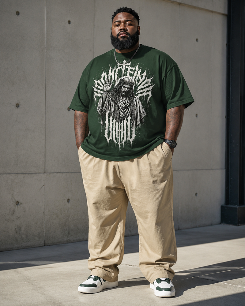 Big & Tall Men's Dark Gothic Font Jesus Figure Printed T-Shirt Pants Set