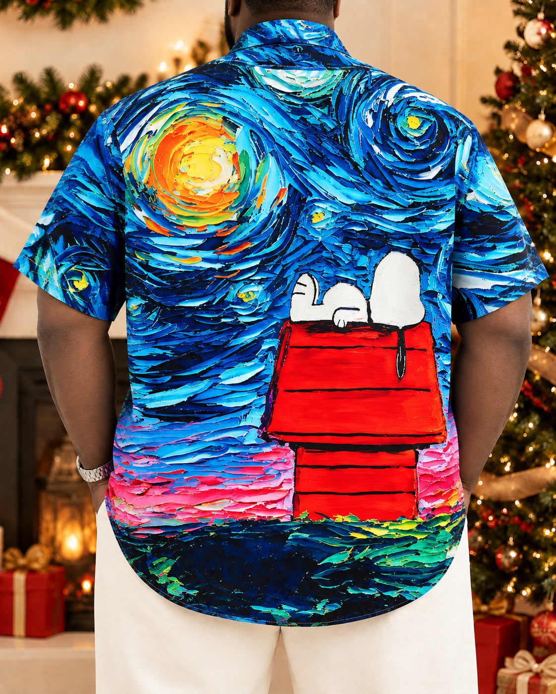 Big & Tall Men's Cartoon-style Christmas Oil Painting Short Sleeve Shirt