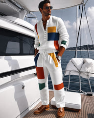S-3XL Geometric Colour Block Contrast Printed Henry Collar Shirt Drawstring Pants Two-Piece Set