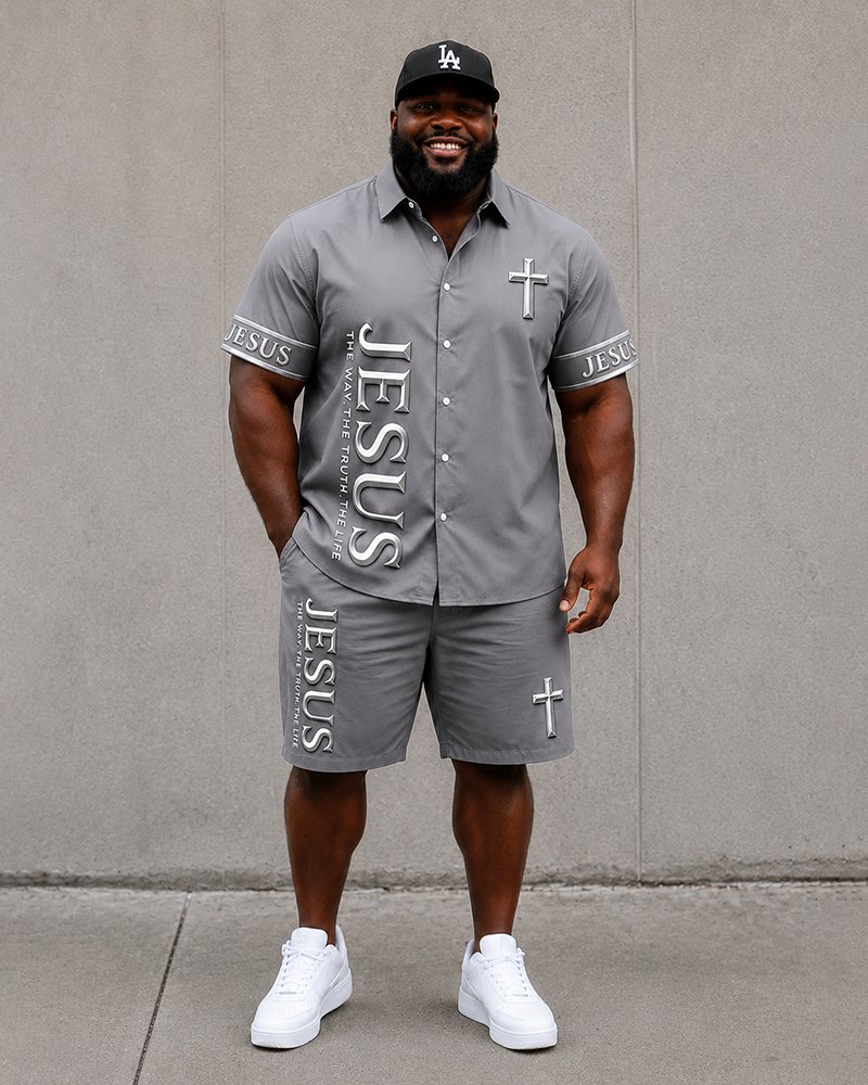 Big & Tall Men's JESUS Alphabet Cross Print Short Sleeve Shirt Shorts Set