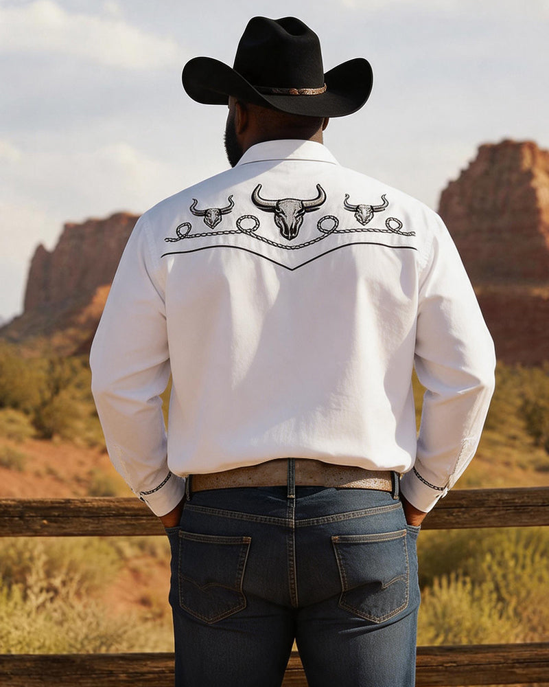 Big & Tall Men's Vintage Western Bull Tow Knot Print Long Sleeve Shirt