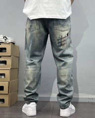 Washed Scraping Denim Patch Embroidered Printed Jeans