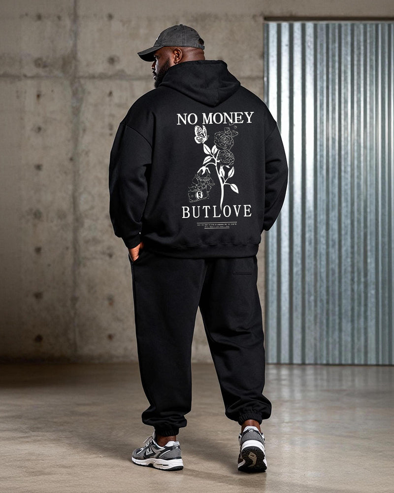 Big & Tall Men's Black "NO MONEY BUT LOVE" Floral Butterfly Print Hoodie Set