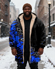 Big & Tall Men's Black And Blue Graffiti Print Velvet Thickened Long Hooded Coat