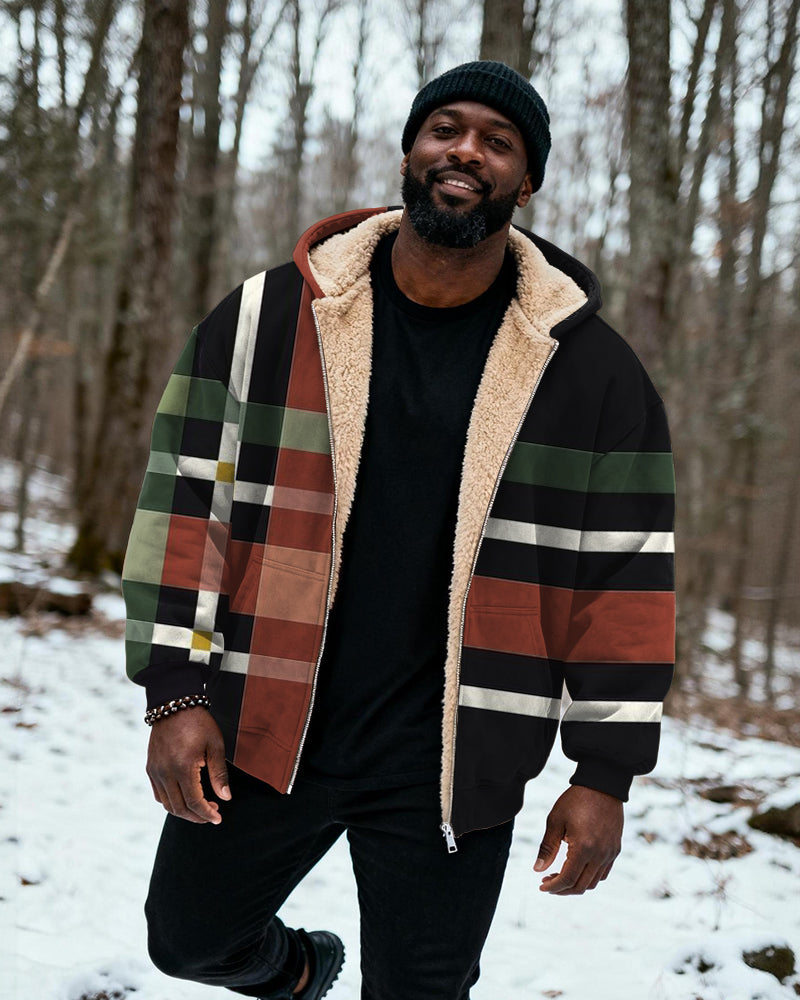 Big & Tall Men's Multicolor Plaid Print Velvet Thickened Zipper Hoodie