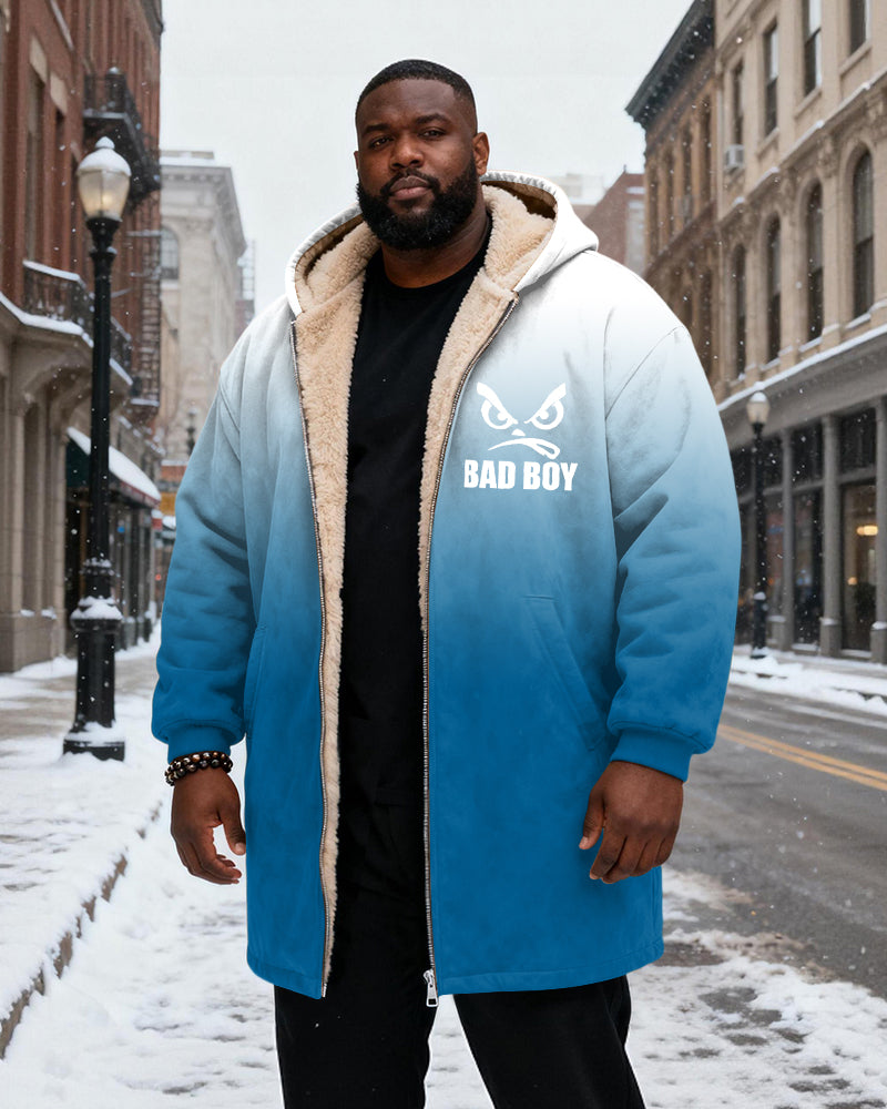 Big & Tall Men's "BAD BOY" Orange Black Gradient Printed Velvet Padded Long Hooded Coat