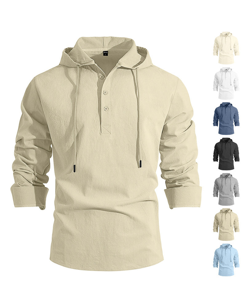 S-3XL Men's Hooded Buckle Long Sleeve Cotton Linen Shirt