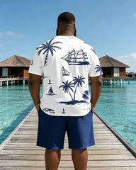 Big & Tall Men's Hawaiian Coconut Tree Cruise Ship Print Crewneck Short Sleeve T-Shirt Shorts Set