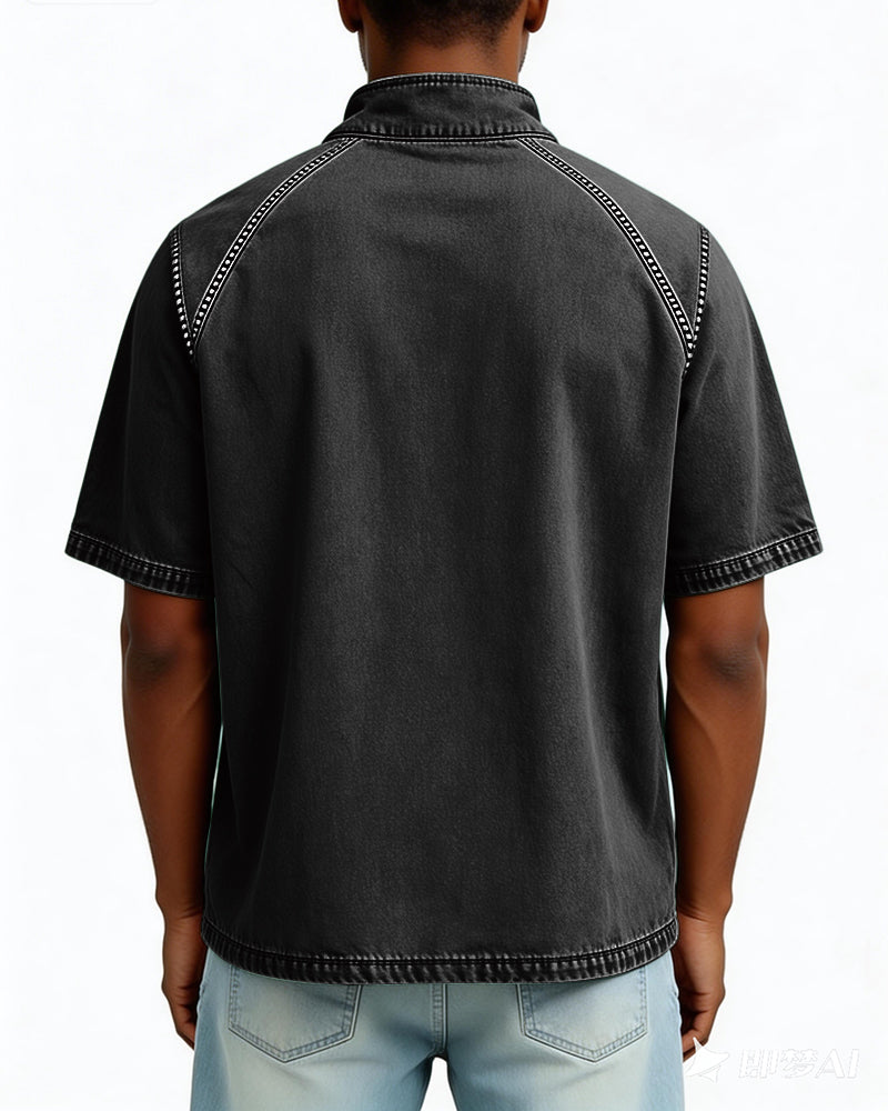 S-4XL Solid Color American Style Wash Pure Cotton Half Zip Short Sleeve Polo Shirt