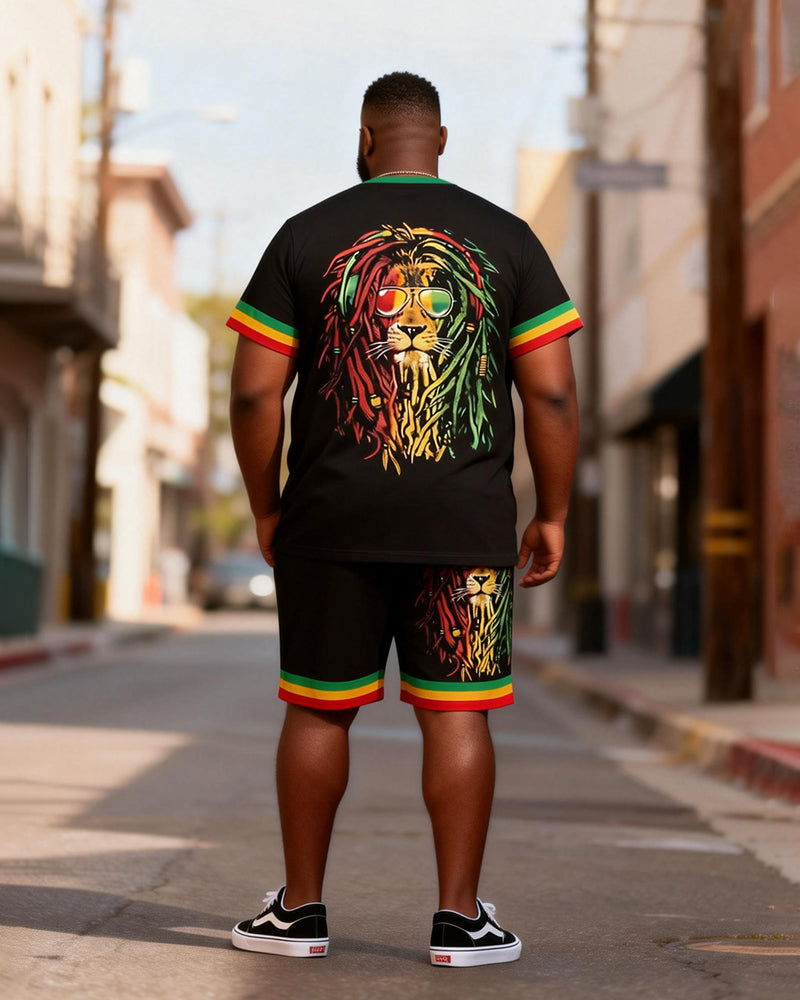 Big & Tall Men's Reggae Color Dirty Braid Lion King Printed Crewneck Short Sleeve T-Shirt Shorts Set