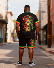 Big & Tall Men's Reggae Color Dirty Braid Lion King Printed Crewneck Short Sleeve T-Shirt Shorts Set