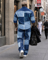 Big & Tall Men's Color-block Denim Patch Print Long Sleeve Shirt Pants Set
