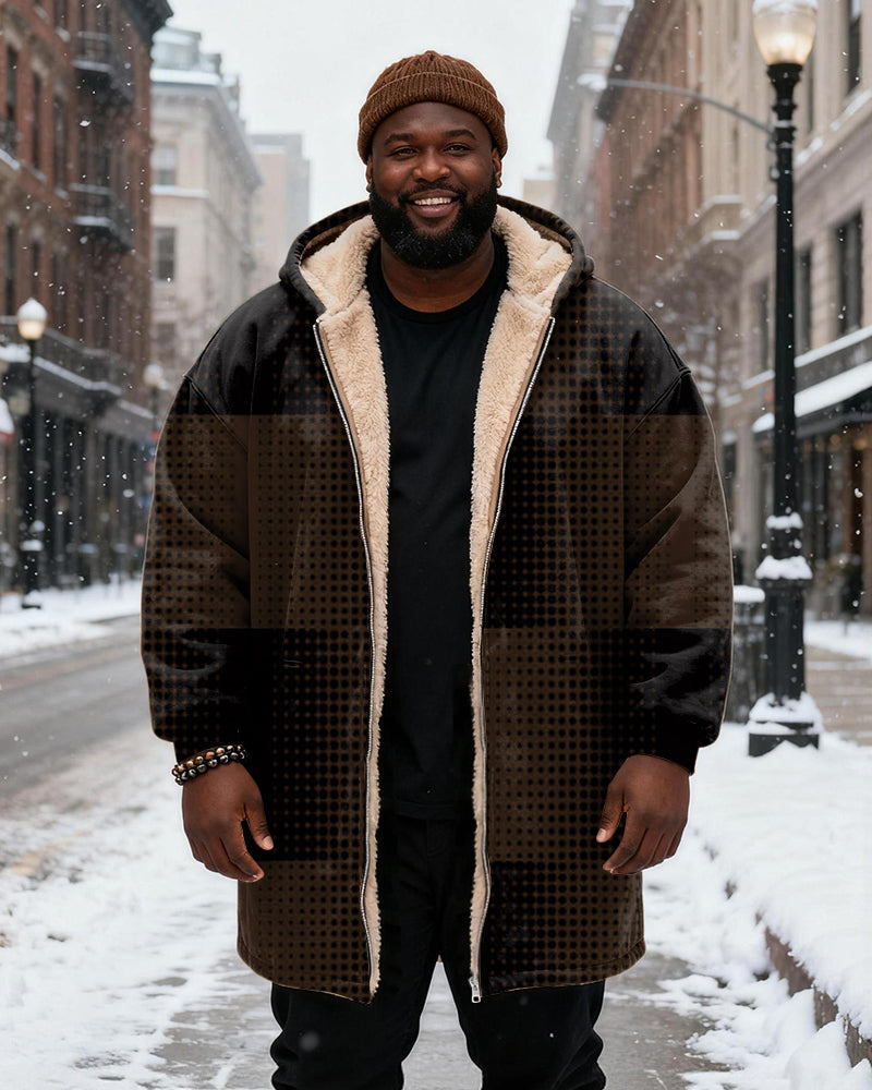 Big & Tall Men's Retro Wave Dot Stitching Printed Velvet Padded Long Hooded Coat