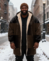 Big & Tall Men's Retro Wave Dot Stitching Printed Velvet Padded Long Hooded Coat