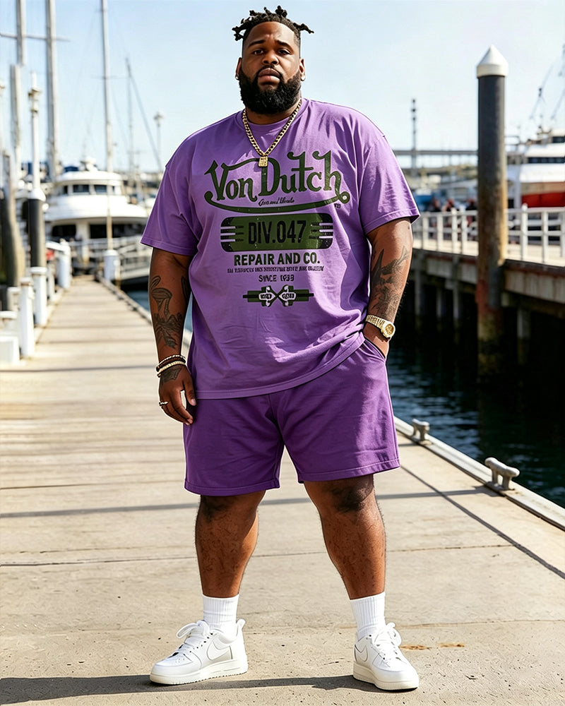 Big & Tall Men's American Vintage Von Dutch Printed Round Neck Short Sleeve T-Shirt and Shorts Set