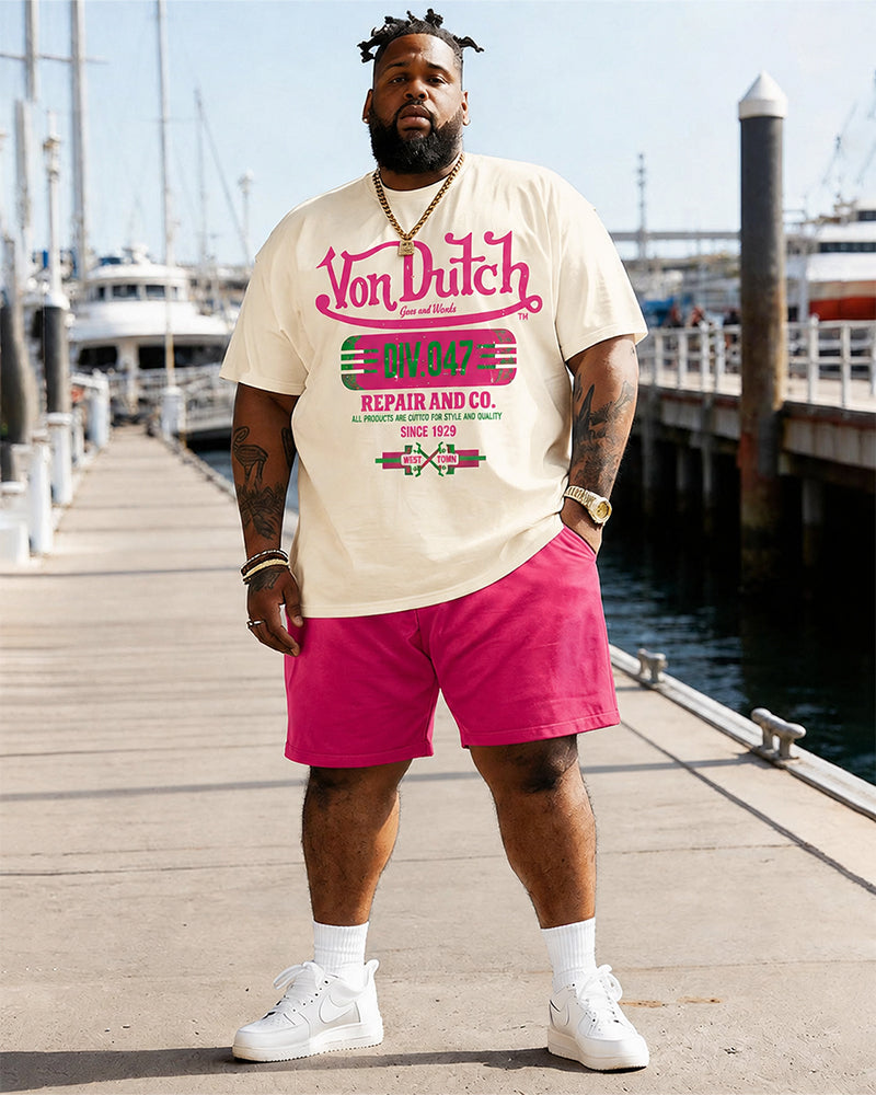 Big & Tall Men's American Vintage Von Dutch Printed Round Neck Short Sleeve T-Shirt and Shorts Set