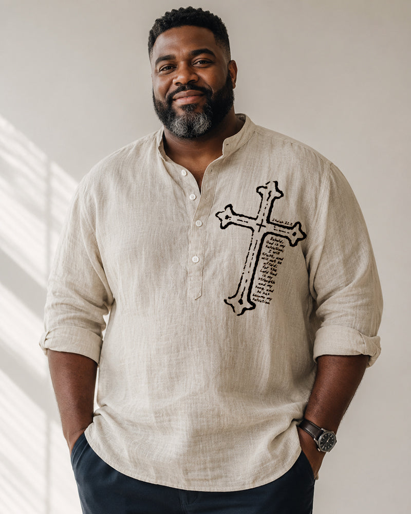 Big & Tall Men's Vintage Cross Scripture Print Collar Mid-Sleeve Shirt