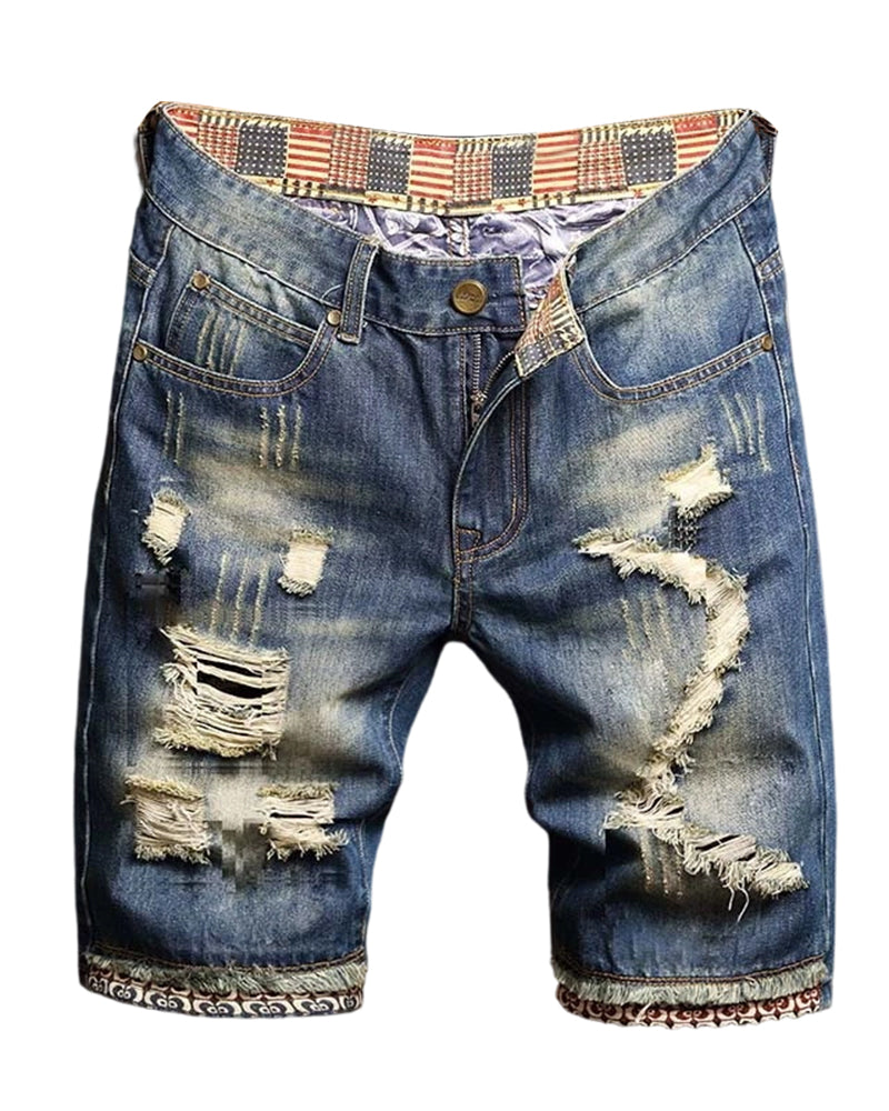 28-48 Size Irregular Distressed Flanged Denim Cropped Shorts