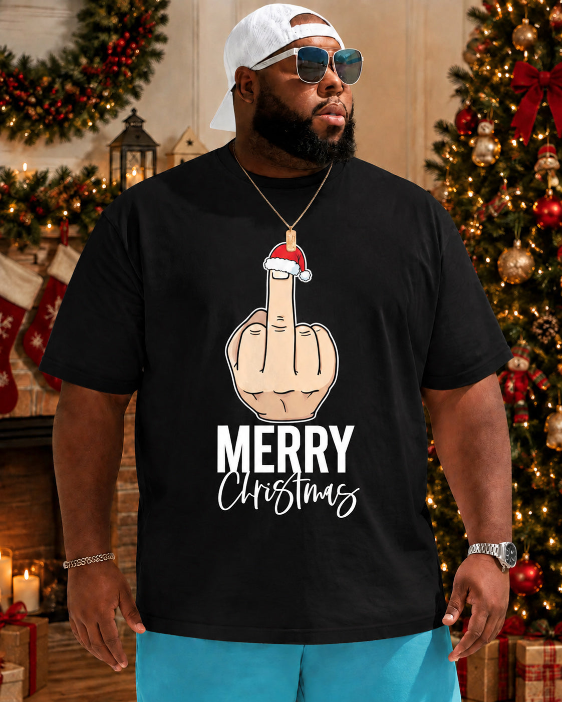 Big & Tall Men's Fun Christmas Fingerprint Art Cotton T-Shirt