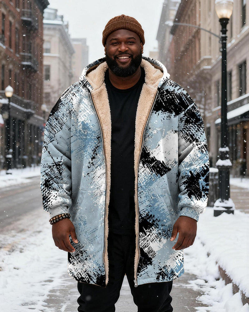 Big & Tall Men's Blue Graffiti Print Velvet Thickened Long Hooded Coat