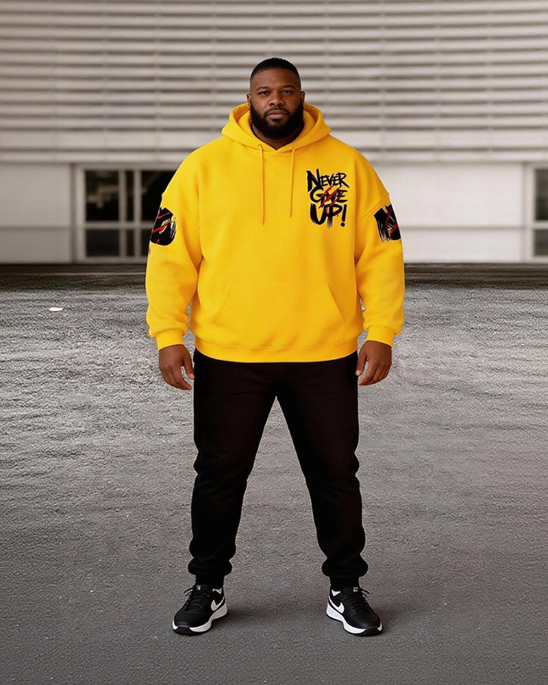 Big & Tall Men's Bright Yellow "Never Give Up" Printed Hoodie Set