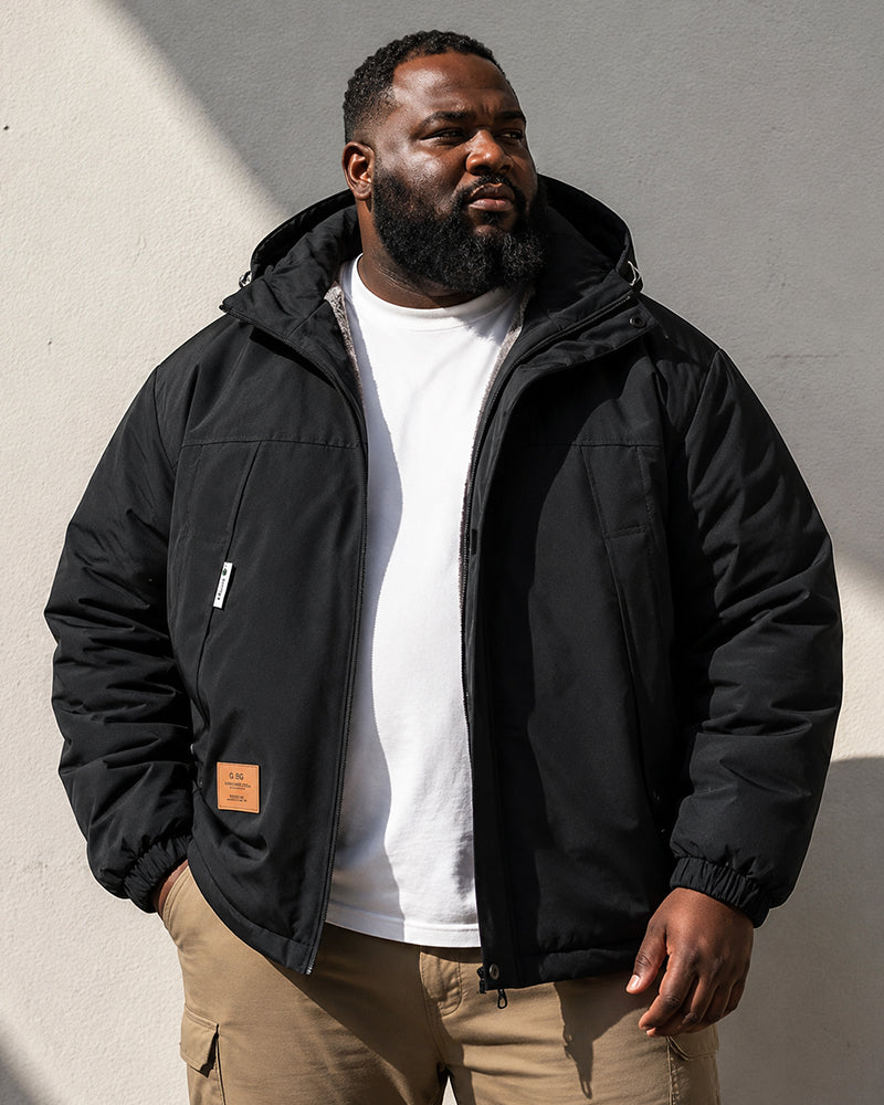L-9XL Hooded Drawstring Solid Color Windproof Fleece Jacket