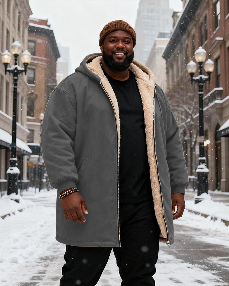 Big & Tall Men's Solid Color Velvet Thickened Long Hooded Coat
