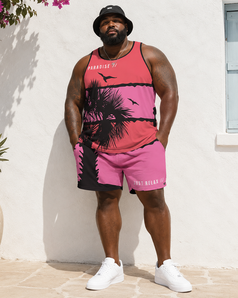Big & Tall Men's Coconut PARADISE Letter Print Tank Top Shorts Set