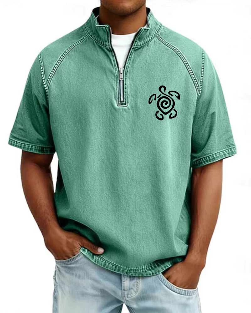 S-4XL Tribal Turtle Totem Printed Washed Half-Zip Short-Sleeve Polo Shirt