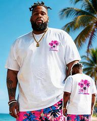 Big & Tall Men's White Powder Coconut Print Round Neck Short Sleeve T-Shirt Shorts Set