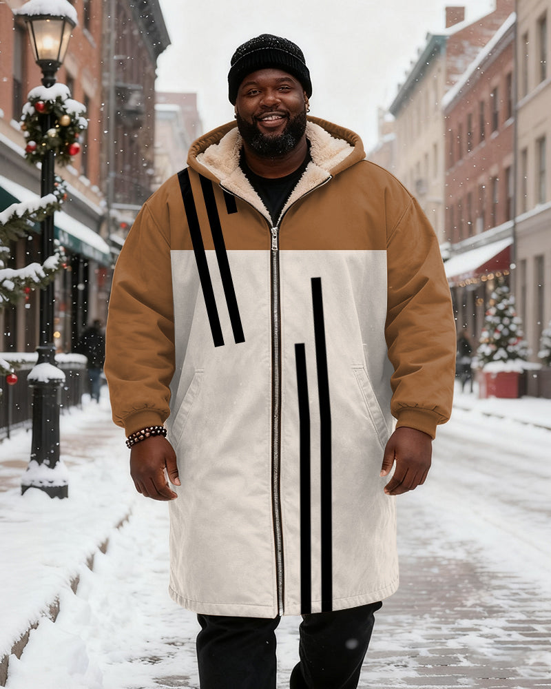 Big & Tall Men's Brown White Black Contrast Line Printed Velvet Thickened Long Hooded Coat