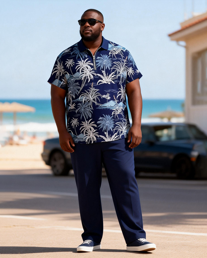 Big & Tall Men's Navy Blue Full Print Coconut Tree Print Zipper Polo Short Sleeve Trousers Set