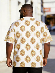 Big & Tall Men's White Gold Lion Print Henry Collar Button Short Sleeve T-Shirt