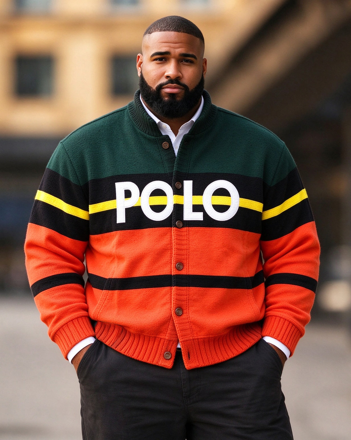 Big & Tall Men's Color-block Stripes Print Knit Cardigan