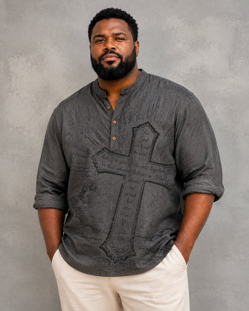 Big & Tall Men's Vintage Radiographic Biblical Scripture Cross Printed Collar Long Sleeve Shirt
