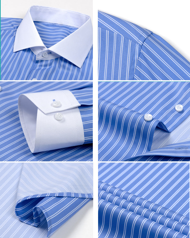 S-3XL Men's Business Stripe Windsor Collar Stretch Long Sleeve Shirt-Free Ironing