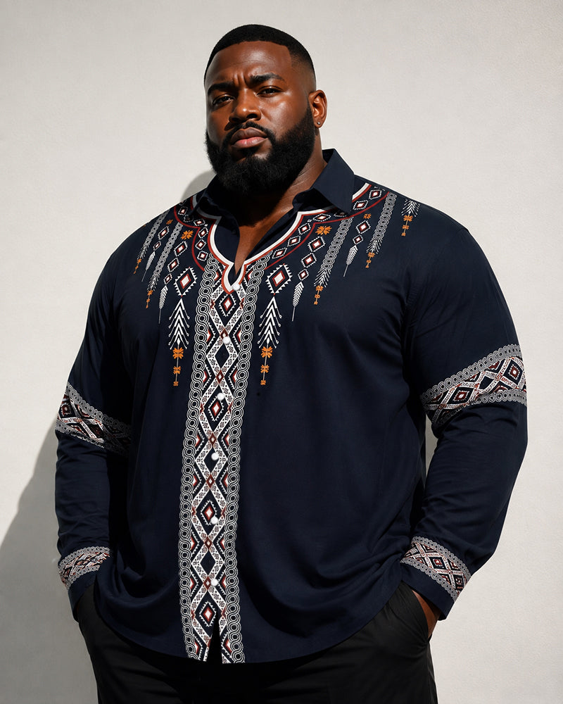 Big & Tall Men's African Style Diamond Arrow Print Long Sleeve Shirt