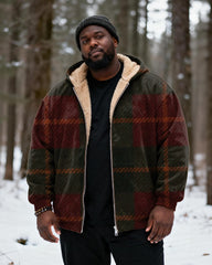 Big & Tall Men's Vintage Red And Green Check Print Velvet Thickened Zipper Cardigan Hoodie