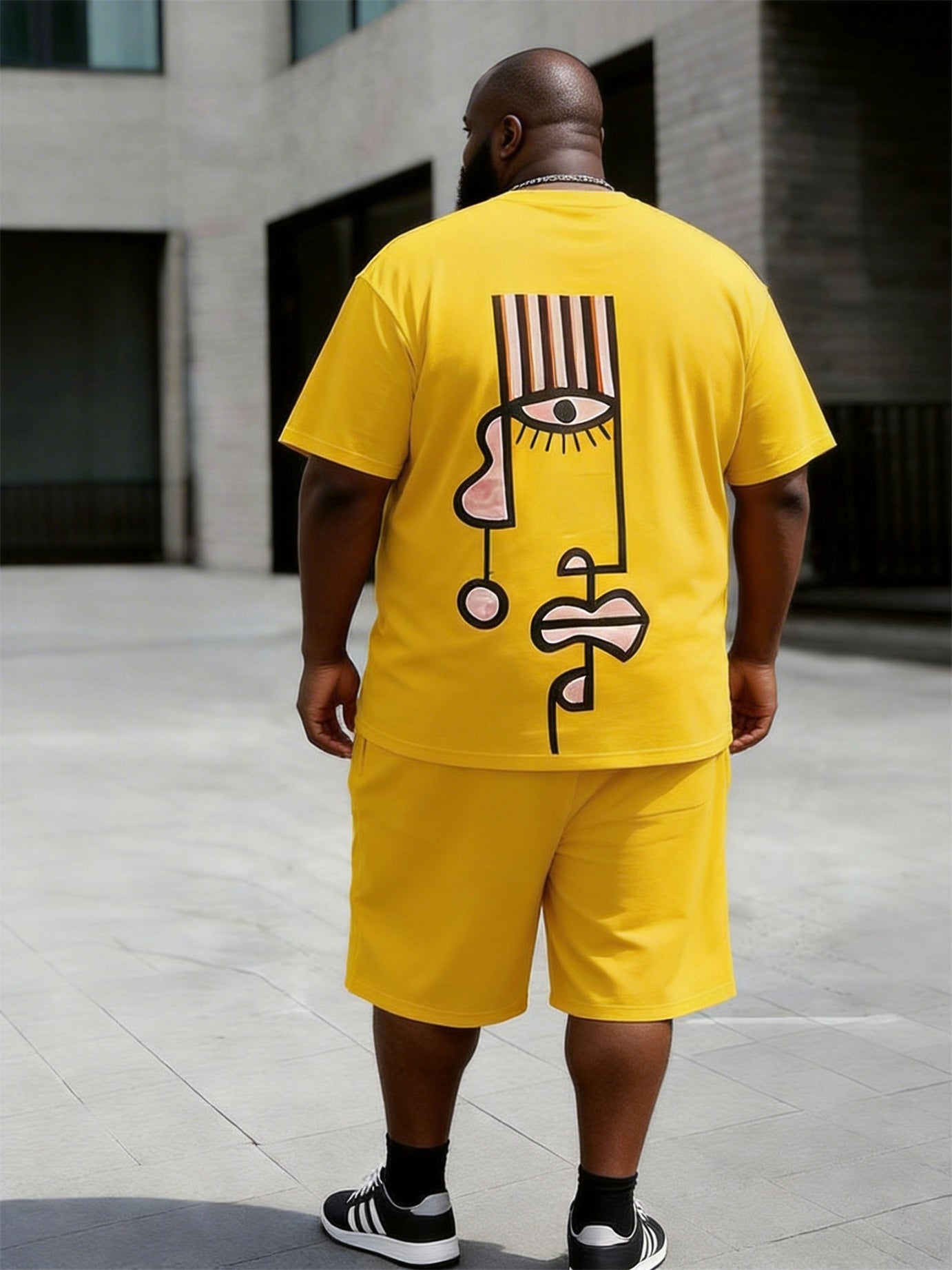Big & Tall Men's Picasso Style Abstract Face Print Round Neck Short Sleeve T-Shirt Shorts Set