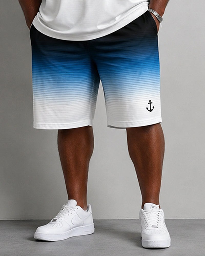 Big & Tall Men's Blue And White Gradient Stripe Anchor Printed Round Neck Short Sleeve T-Shirt Shorts Set