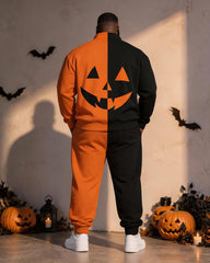 Big & Tall Men's Colored Pumpkin Smiley Print Half-Zip Sweat Set