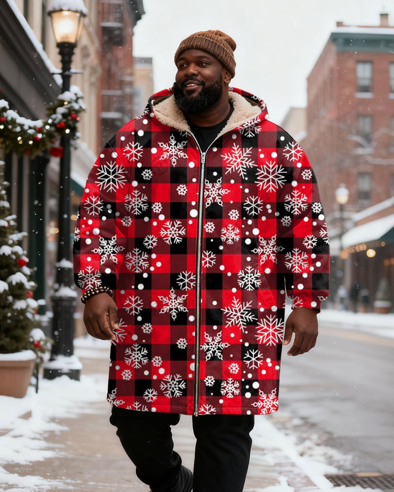 Big & Tall Men's Red And Black Plaid Snowflake Printed Velvet Thickened Long Hooded Coat