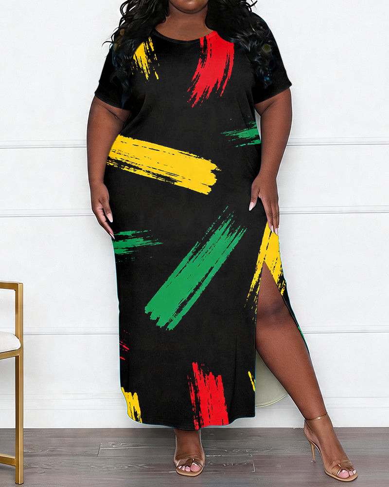 Women's Large Size Red Yellow Green Brush Stroke Graffiti Print Side Slit Short Sleeve Dress