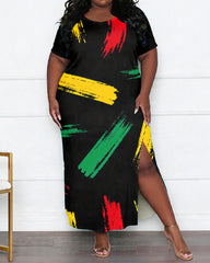 Women's Large Size Red Yellow Green Brush Stroke Graffiti Print Side Slit Short Sleeve Dress
